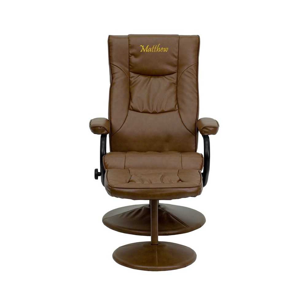 Personalized Contemporary Multi-Position Recliner and Ottoman with Wrapped Base in Palimino LeatherSoft