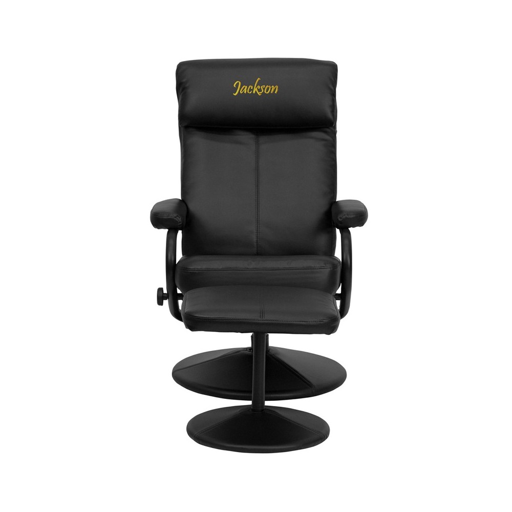 Personalized Contemporary Multi-Position Headrest Recliner and Ottoman with Wrapped Base in Black LeatherSoft