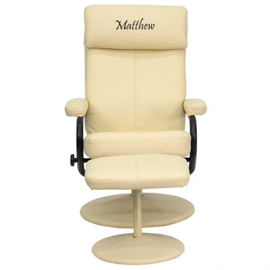 Personalized Contemporary Multi-Position Headrest Recliner and Ottoman with Wrapped Base in Cream LeatherSoft