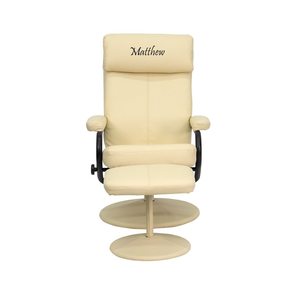 Personalized Contemporary Multi-Position Headrest Recliner and Ottoman with Wrapped Base in Cream LeatherSoft Personalized Contemporary Multi-Position Headrest Recliner and Ottoman with Wrapped Base in Cream LeatherSoft