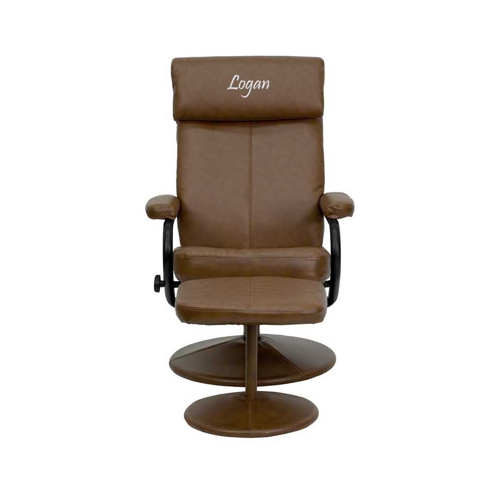 Personalized Contemporary Multi-Position Headrest Recliner and Ottoman with Wrapped Base in Palimino LeatherSoft