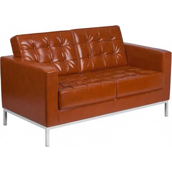 HERCULES Lacey Series Contemporary Cognac LeatherSoft Loveseat with Stainless Steel Frame