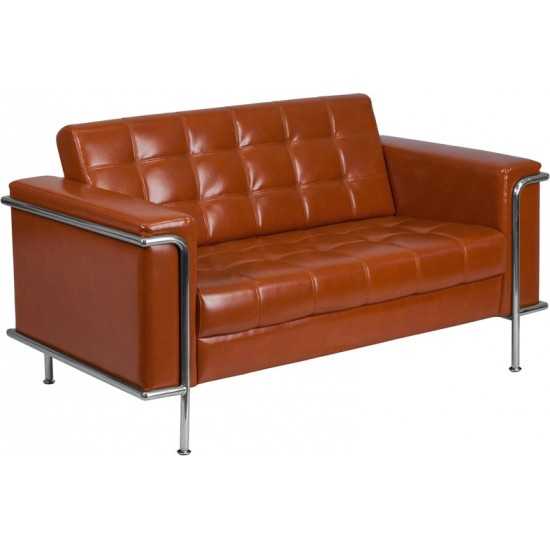 Contemporary Cognac LeatherSoft Loveseat with Encasing Frame