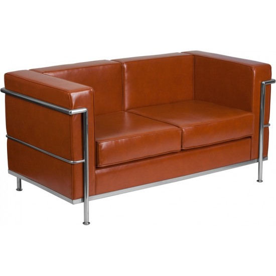 Contemporary Cognac LeatherSoft Loveseat with Encasing Frame