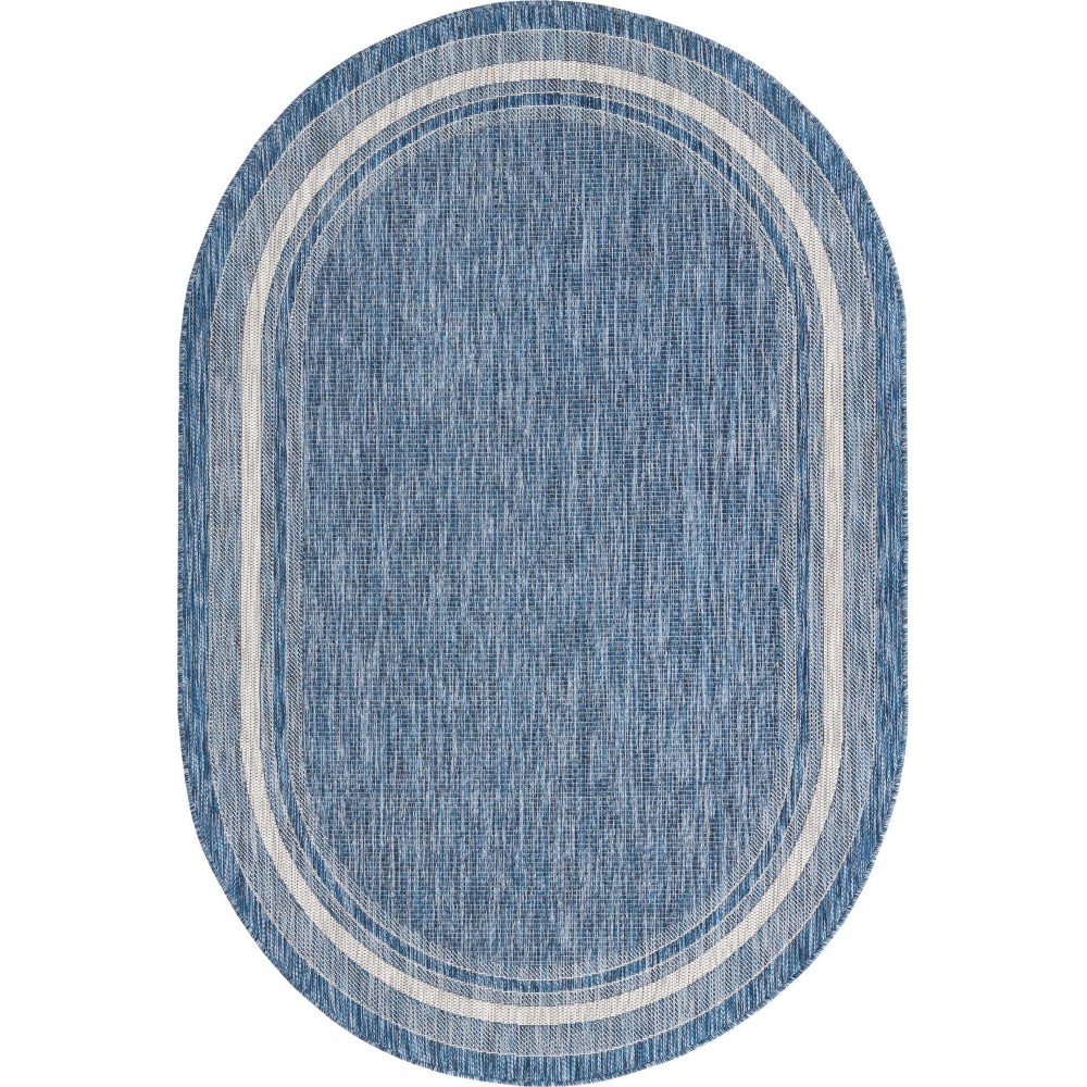 Rug Unique Loom Outdoor Border Blue Oval 5' 0 x 8' 0