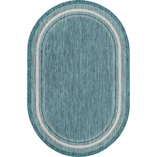 Rug Unique Loom Outdoor Border Teal Oval 5' 0 x 8' 0