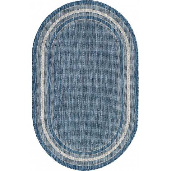 Rug Unique Loom Outdoor Border Blue Oval 3' 3 x 5' 3