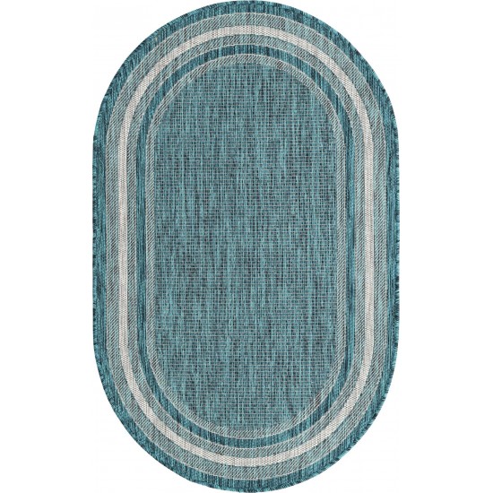 Rug Unique Loom Outdoor Border Teal Oval 3' 3 x 5' 3