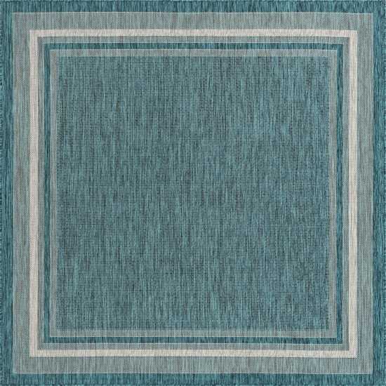 Rug Unique Loom Outdoor Border Teal Square 7' 10 x 7' 10