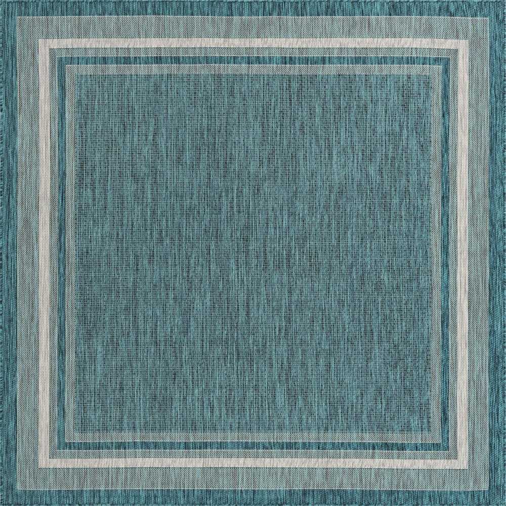 Rug Unique Loom Outdoor Border Teal Square 7' 10 x 7' 10