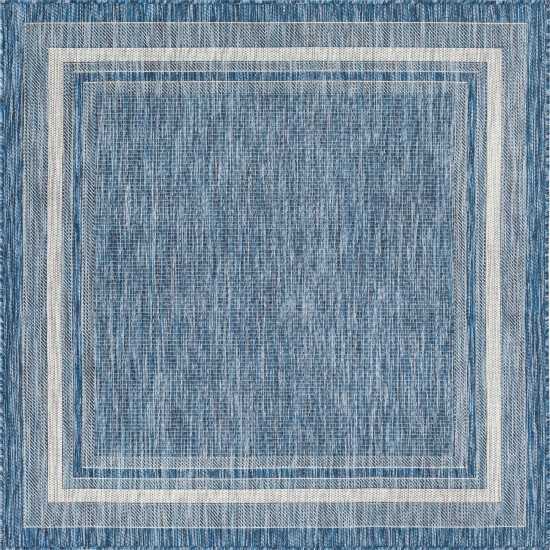 Rug Unique Loom Outdoor Border Blue Square 5' 0 x 5' 0