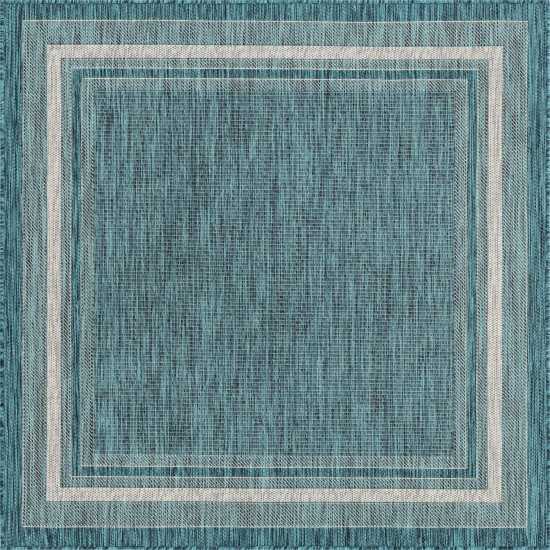 Rug Unique Loom Outdoor Border Teal Square 5' 0 x 5' 0