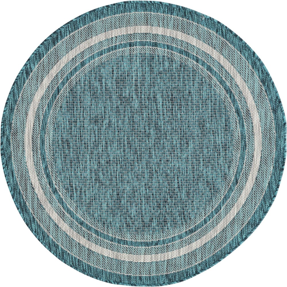 Rug Unique Loom Outdoor Border Teal Round 4' 0 x 4' 0