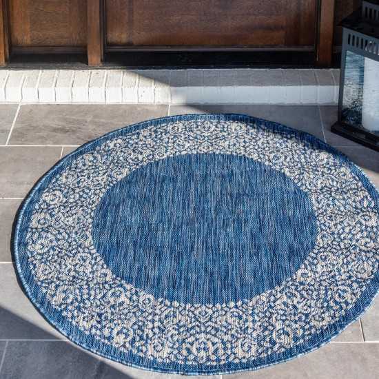 Rug Unique Loom Outdoor Border Blue Round 4' 0 x 4' 0