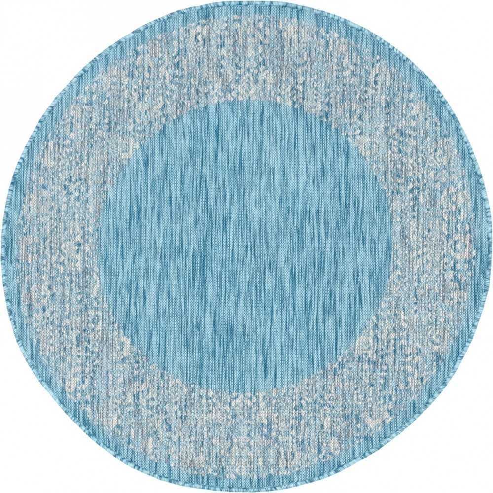 Rug Unique Loom Outdoor Border Aqua Blue Round 4' 0 x 4' 0