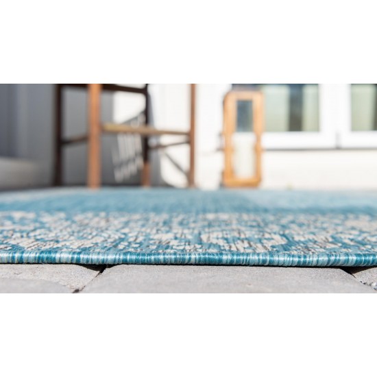 Rug Unique Loom Outdoor Border Aqua Blue Round 4' 0 x 4' 0