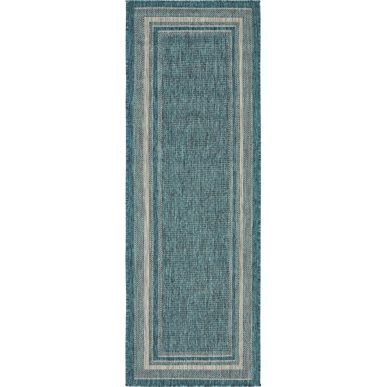 Rug Unique Loom Outdoor Border Teal Runner 2' 0 x 6' 0