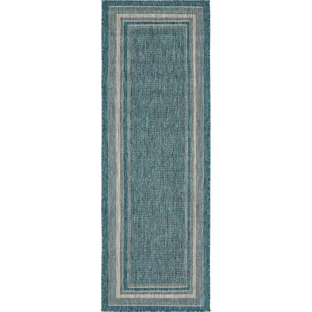 Rug Unique Loom Outdoor Border Teal Runner 2' 0 x 6' 0