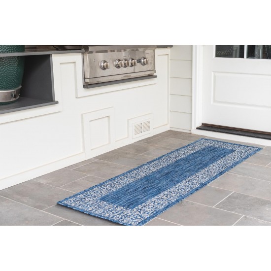 Rug Unique Loom Outdoor Border Blue Runner 2' 0 x 6' 0