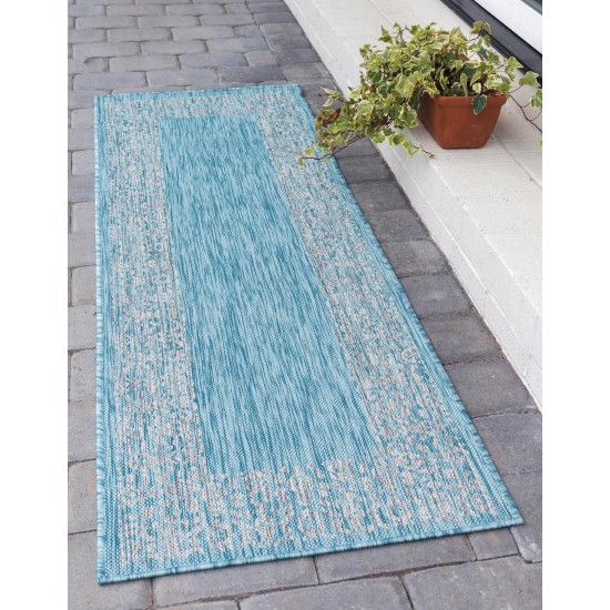 Rug Unique Loom Outdoor Border Aqua Blue Runner 2' 0 x 6' 0