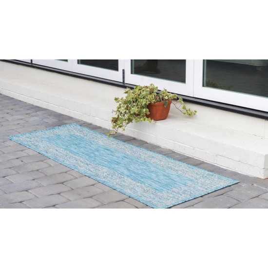 Rug Unique Loom Outdoor Border Aqua Blue Runner 2' 0 x 6' 0