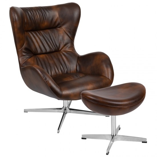 Bomber Jacket LeatherSoft Swivel Wing Chair and Ottoman Set