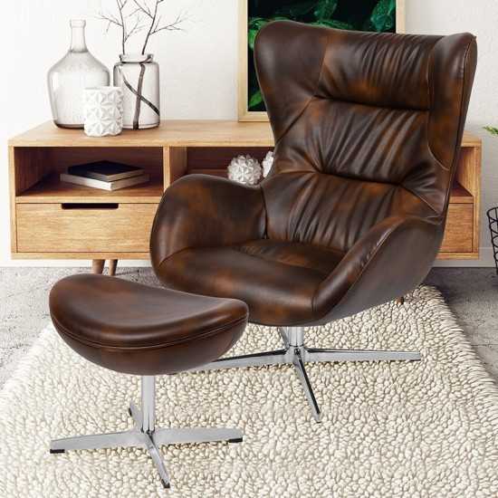 Bomber Jacket LeatherSoft Swivel Wing Chair and Ottoman Set