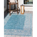 Rug Unique Loom Outdoor Border Aqua Blue Rectangular 8' 0 x 11' 4