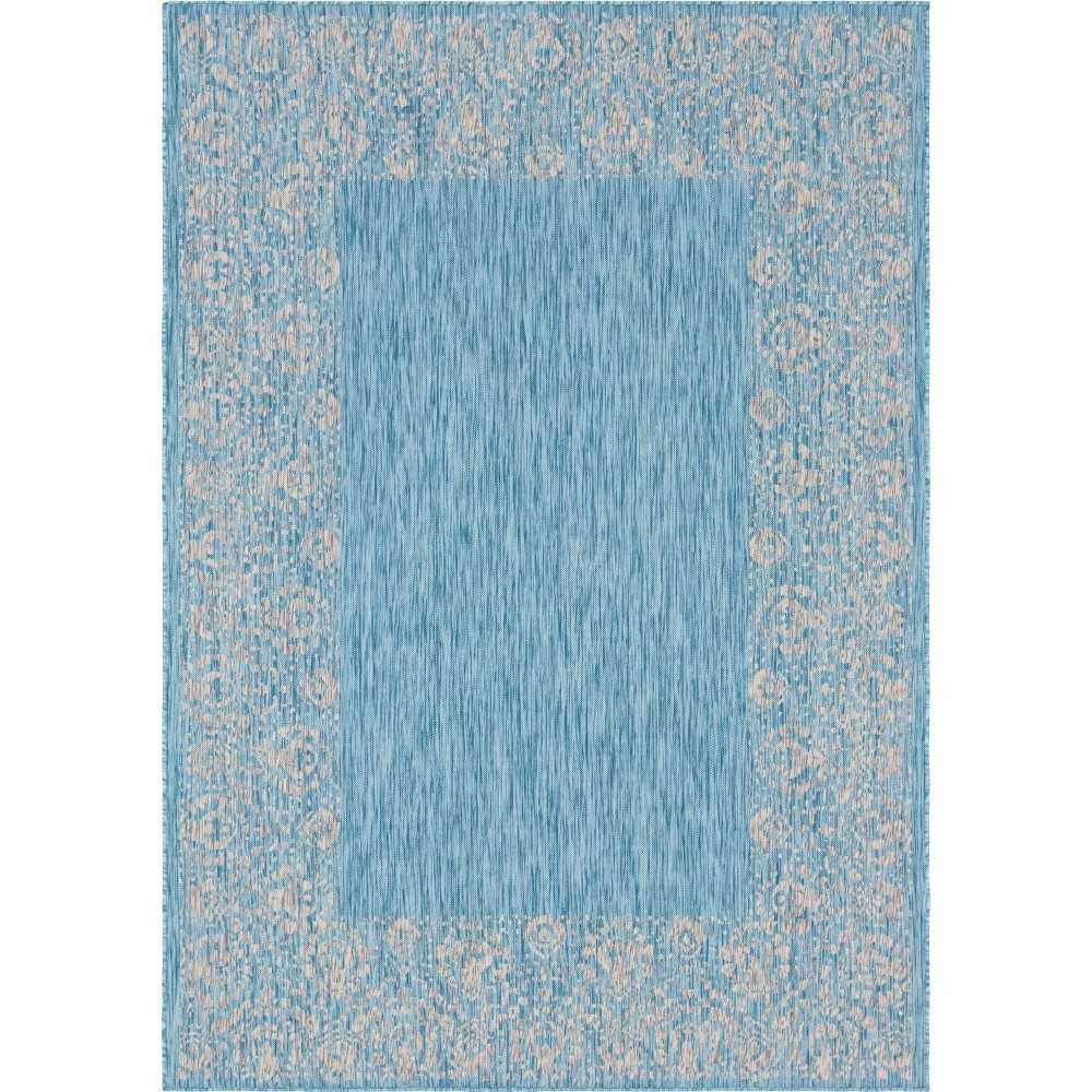 Rug Unique Loom Outdoor Border Aqua Blue Rectangular 7' 0 x 10' 0