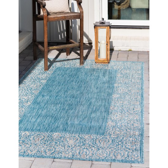 Rug Unique Loom Outdoor Border Aqua Blue Rectangular 7' 0 x 10' 0