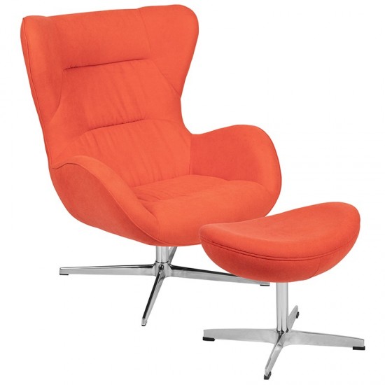 Orange Fabric Swivel Wing Chair and Ottoman Set