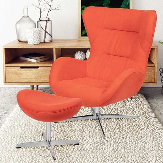 Orange Fabric Swivel Wing Chair and Ottoman Set