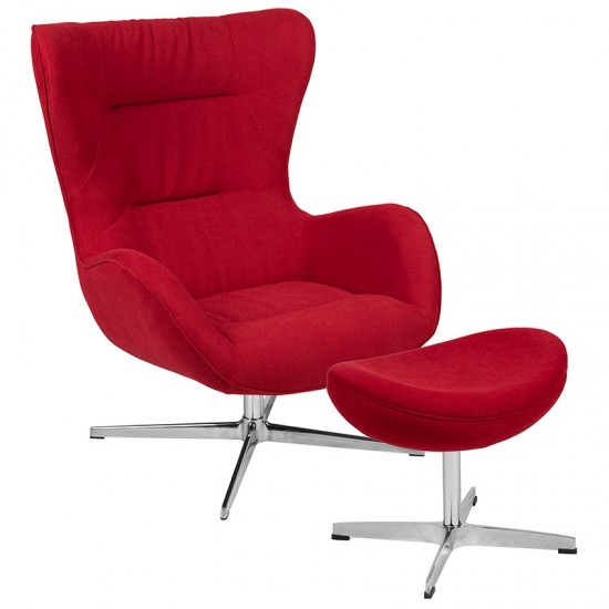 Red Fabric Swivel Wing Chair and Ottoman Set