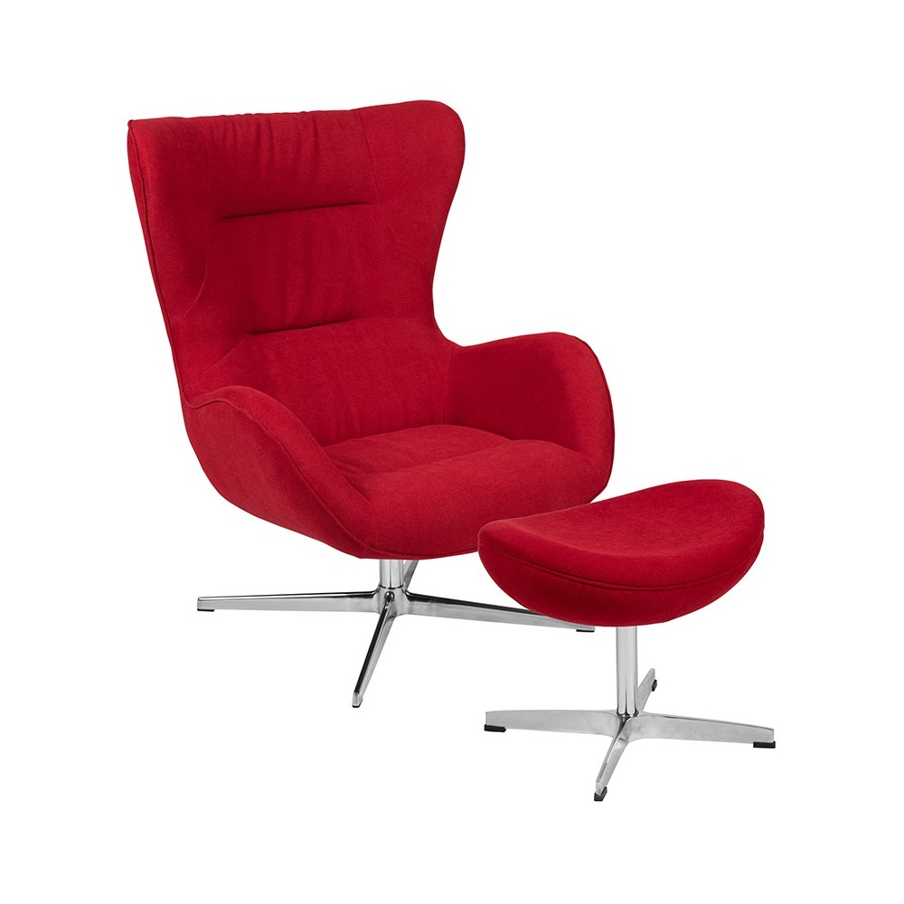 Red Fabric Swivel Wing Chair and Ottoman Set