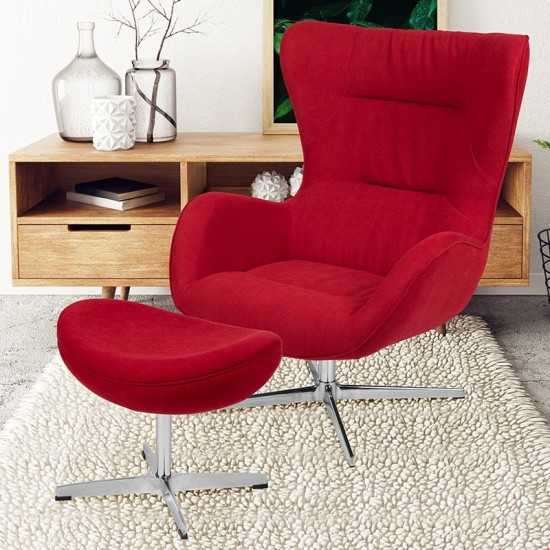 Red Fabric Swivel Wing Chair and Ottoman Set