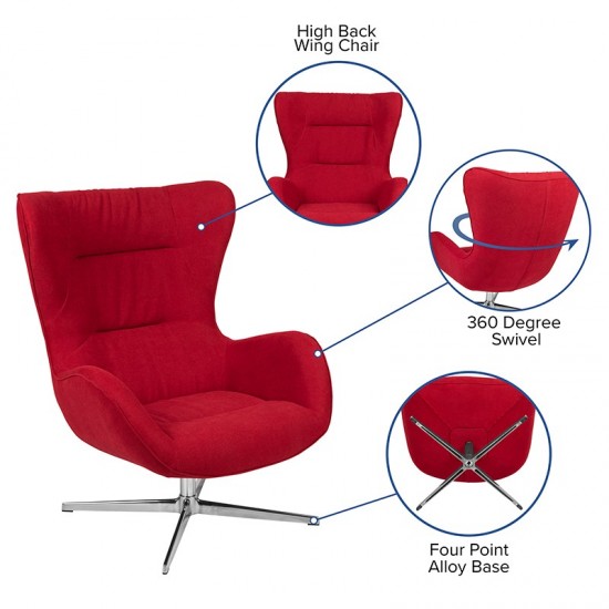 Red Fabric Swivel Wing Chair and Ottoman Set