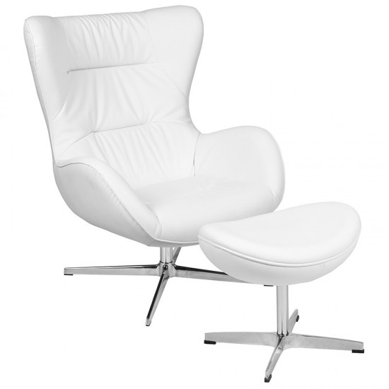 White LeatherSoft Swivel Wing Chair and Ottoman Set