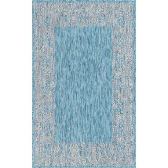 Rug Unique Loom Outdoor Border Aqua Blue Rectangular 5' 0 x 8' 0