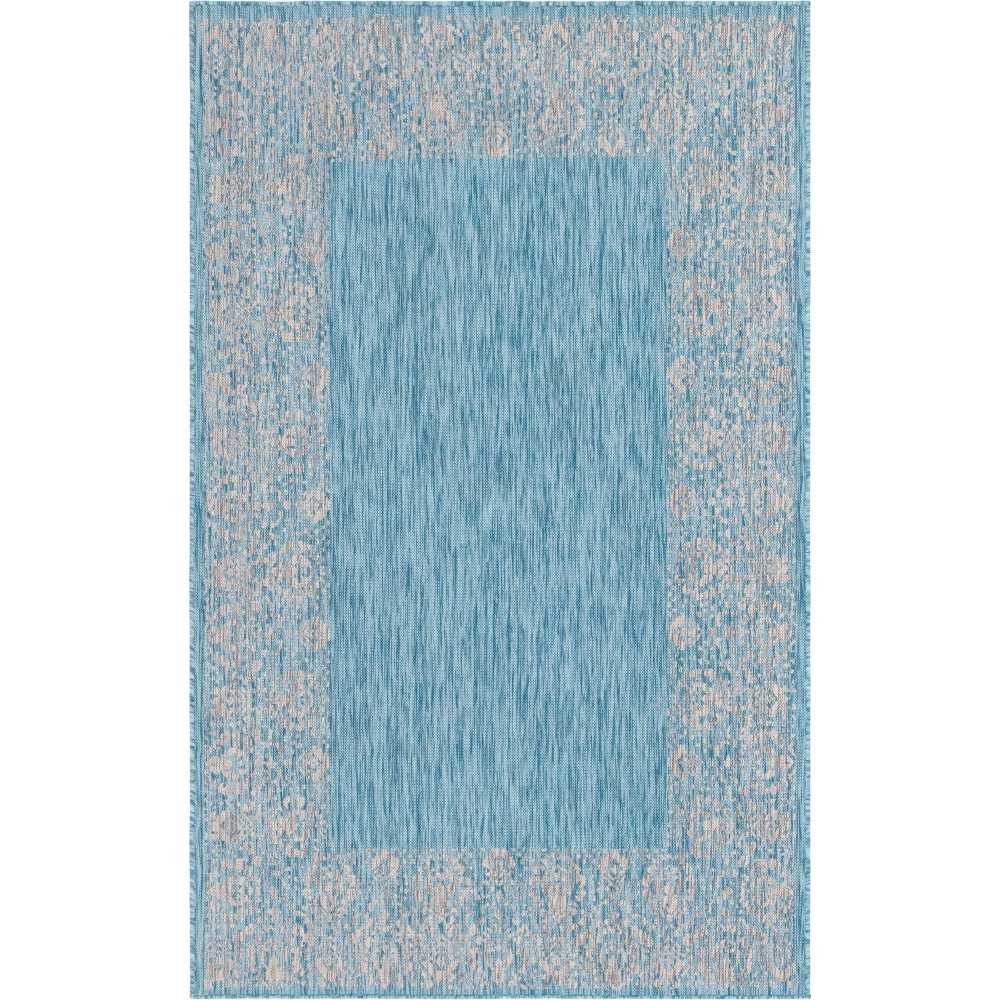 Rug Unique Loom Outdoor Border Aqua Blue Rectangular 5' 0 x 8' 0