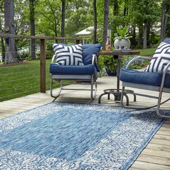 Rug Unique Loom Outdoor Border Blue Rectangular 4' 0 x 6' 0