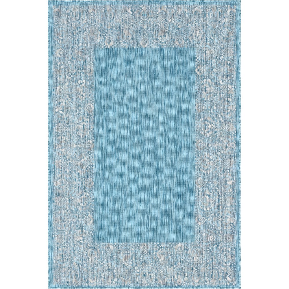 Rug Unique Loom Outdoor Border Aqua Blue Rectangular 4' 0 x 6' 0