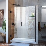 Unidoor 54-55 in. W x 72 in. H Frameless Hinged Shower Door with Shelves in Satin Black