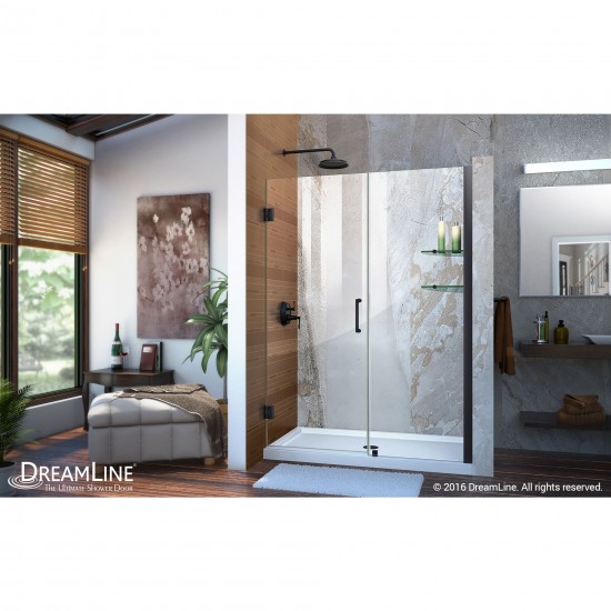 Unidoor 54-55 in. W x 72 in. H Frameless Hinged Shower Door with Shelves in Satin Black