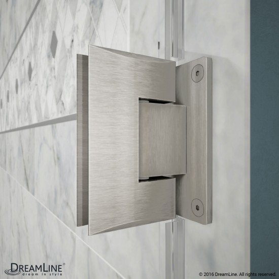 Unidoor 53-54 in. W x 72 in. H Frameless Hinged Shower Door with Shelves in Brushed Nickel