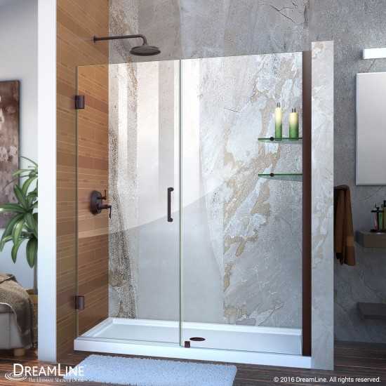 Unidoor 53-54 in. W x 72 in. H Frameless Hinged Shower Door with Shelves in Oil Rubbed Bronze