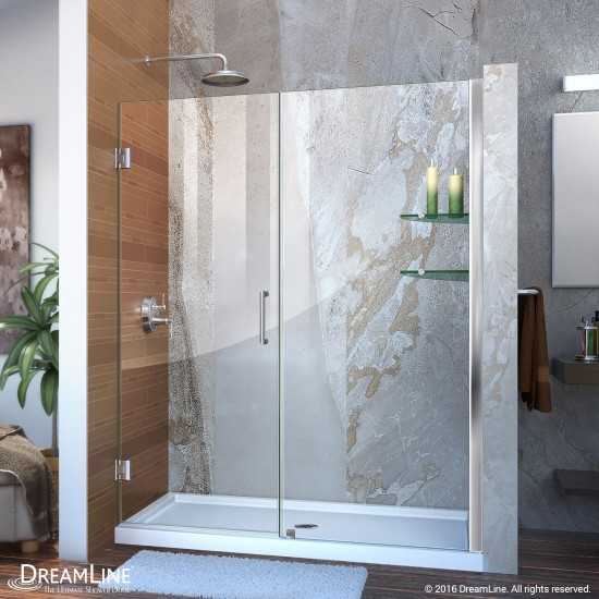 Unidoor 54-55 in. W x 72 in. H Frameless Hinged Shower Door with Shelves in Chrome