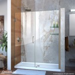 Unidoor 58-59 in. W x 72 in. H Frameless Hinged Shower Door with Shelves in Brushed Nickel