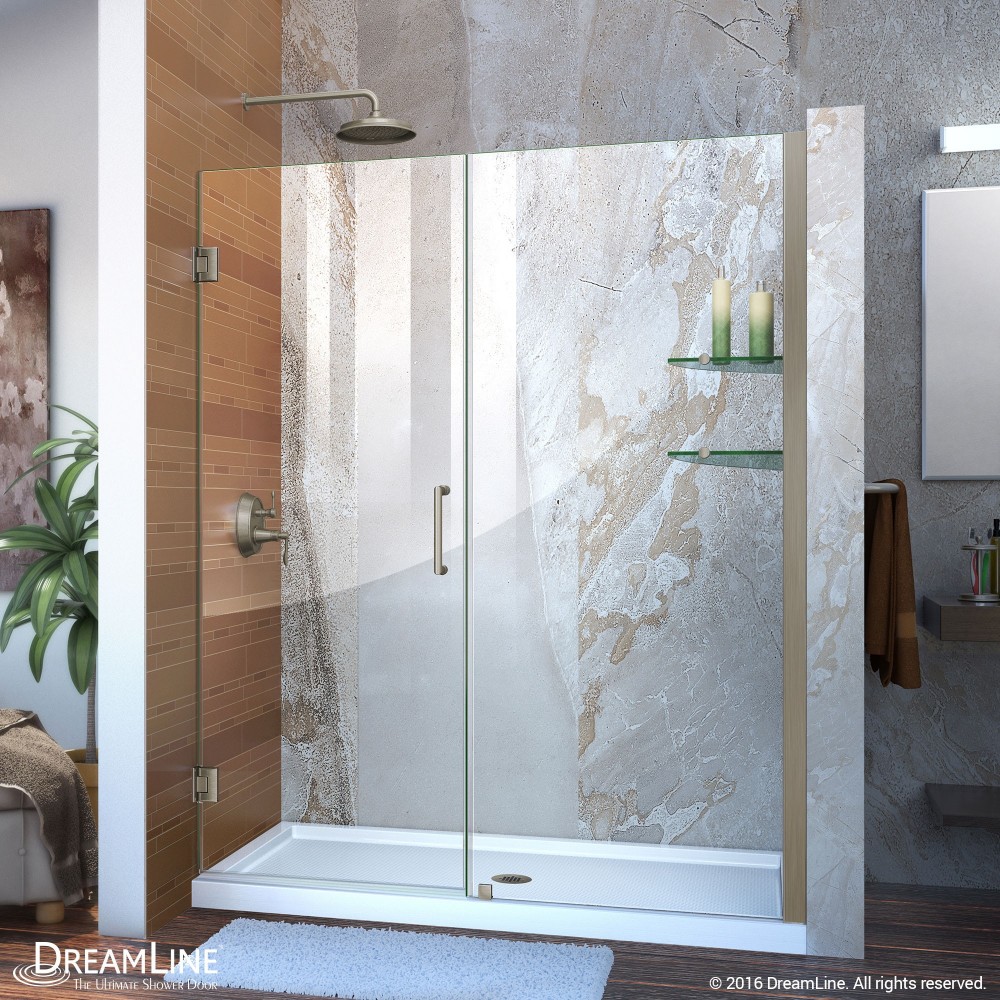 Unidoor 58-59 in. W x 72 in. H Frameless Hinged Shower Door with Shelves in Brushed Nickel