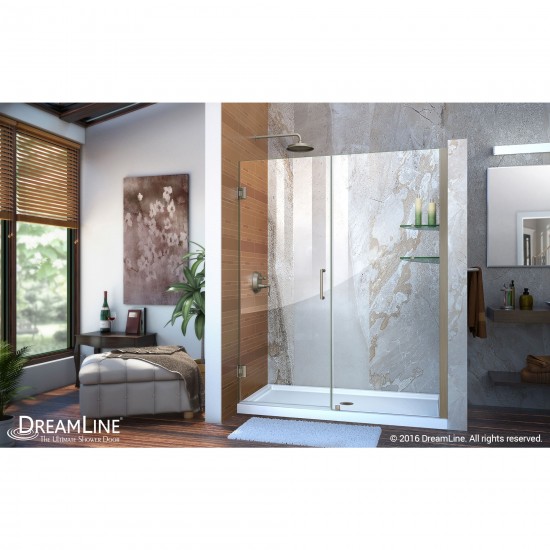 Unidoor 58-59 in. W x 72 in. H Frameless Hinged Shower Door with Shelves in Brushed Nickel