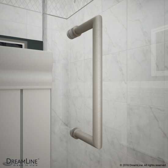 Unidoor 58-59 in. W x 72 in. H Frameless Hinged Shower Door with Shelves in Brushed Nickel
